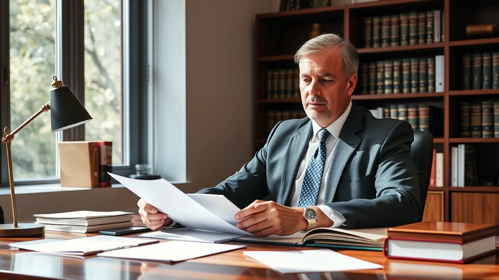 Professional legal office setting with attorney reviewing documents at desk with law books visible, natural lighting, serious professional demeanor, modern office environment