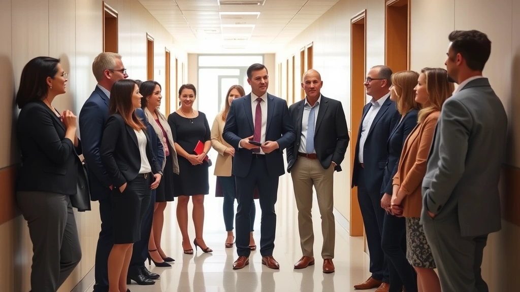 Diverse group of people in courthouse hallway discussing with lawyer, neutral professional setting, natural lighting, collaborative discussion pose, respectful formal atmosphere