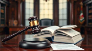 Professional gavel and law books on mahogany desk with judge's chamber background, photorealistic, natural lighting, emphasizing judicial authority and legal documentation