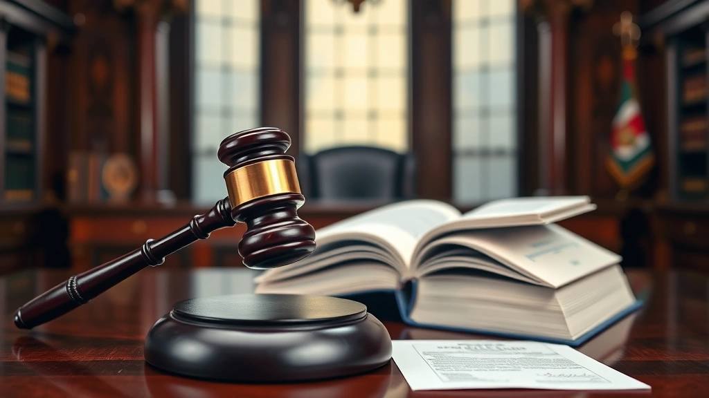 Professional gavel and law books on mahogany desk with judge's chamber background, photorealistic, natural lighting, emphasizing judicial authority and legal documentation