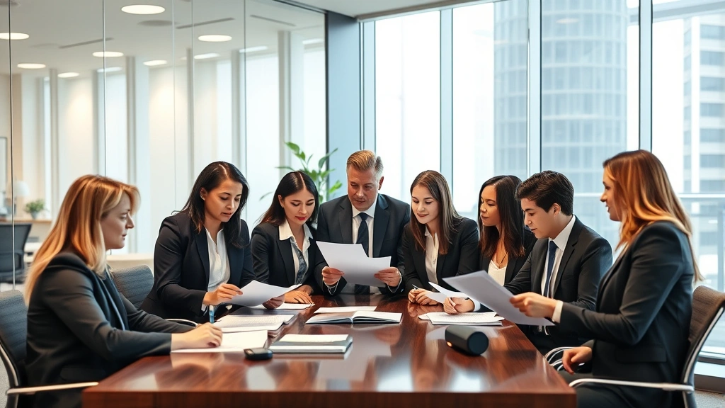 Diverse group of lawyers in business attire reviewing documents and discussing strategy in modern office conference room, collaborative atmosphere, professional setting