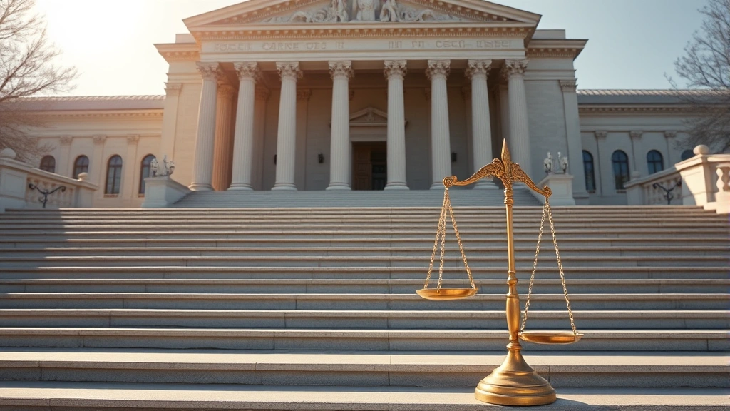 Courthouse steps with classical architecture, morning sunlight, empty benches, scales of justice visible, symbolizing the legal system and justice, photorealistic