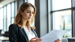 Professional woman in modern office setting reviewing documents with focused expression, natural lighting from windows, wearing business casual attire, suggesting careful legal review and protection planning