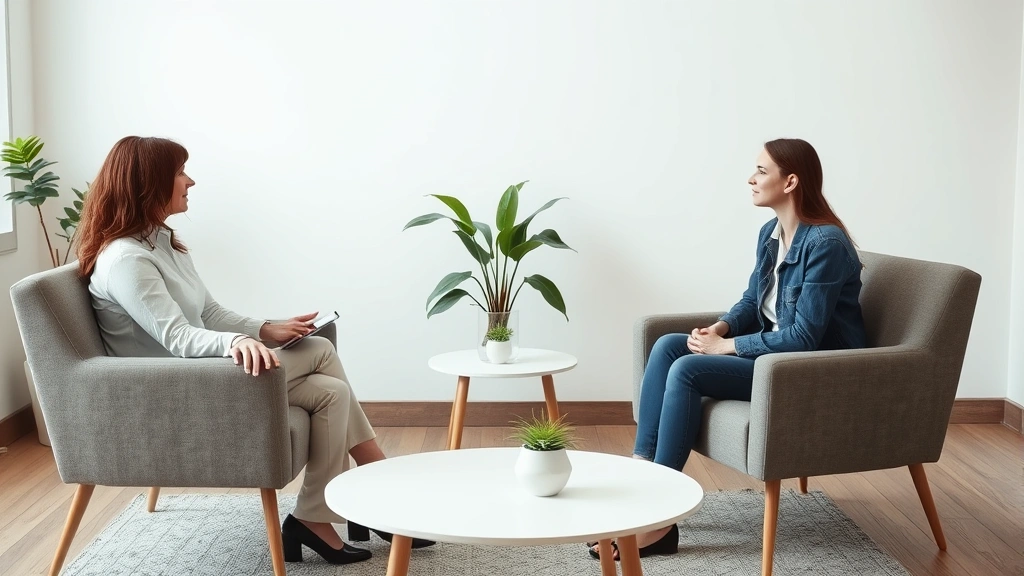 Two people having a serious conversation in a neutral counseling or mediation room setting, showing supportive communication and trust-building discussion, calm professional environment with comfortable seating