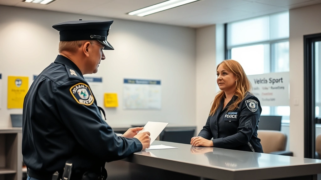Police officer at desk in station speaking with visitor across counter, professional and reassuring demeanor, modern police station interior, suggesting official disclosure consultation and victim support