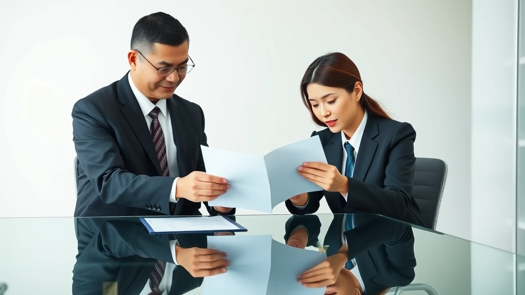 Professional Chinese businessman and woman reviewing contract documents at modern glass office desk, formal attire, natural lighting, neutral background