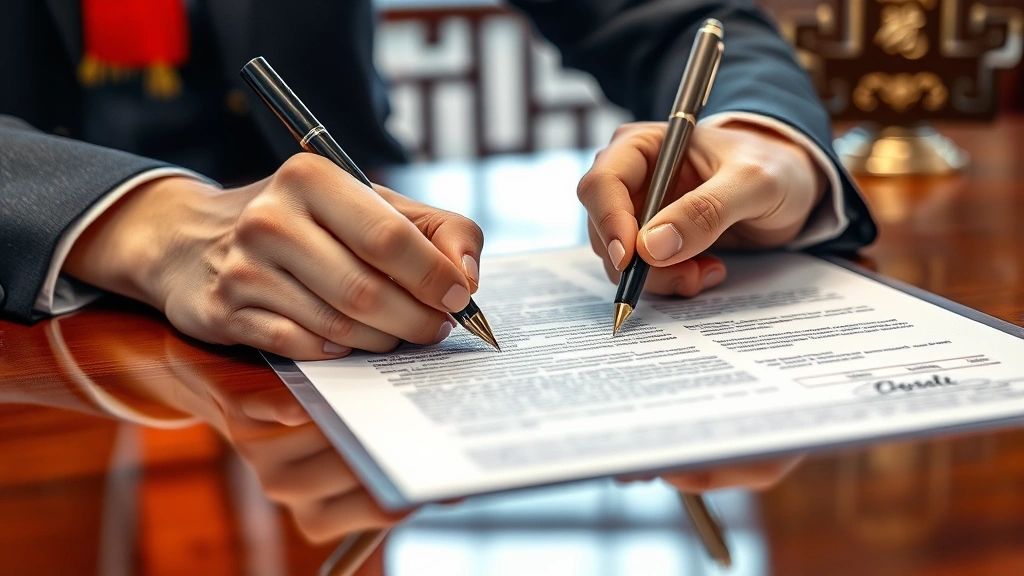 Close-up of hands signing official agreement document with fountain pen on polished wooden desk, Chinese traditional elements subtly visible in background