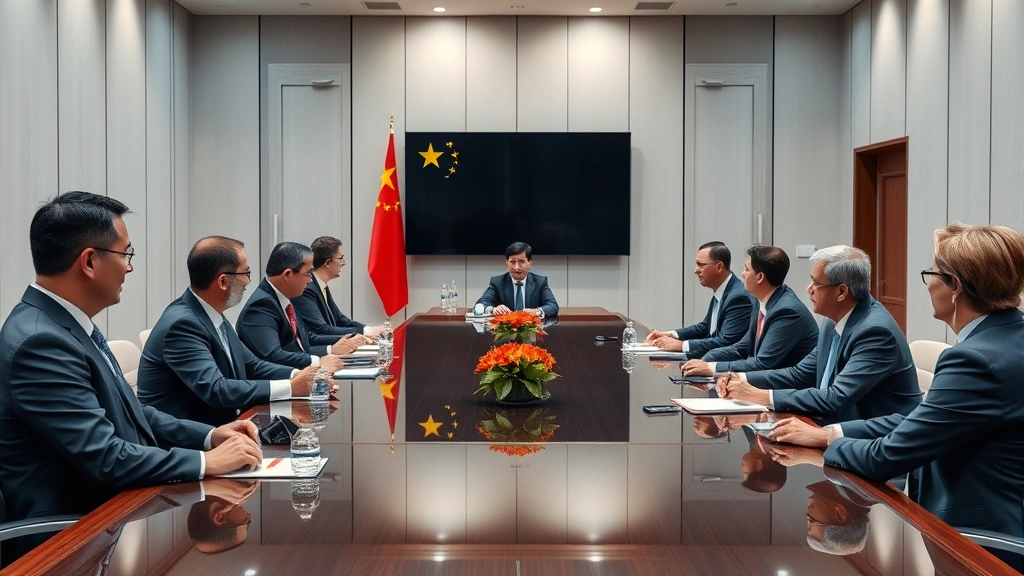 Modern arbitration hearing room with multiple professionals in business suits seated at conference table, Chinese flag visible, professional photography