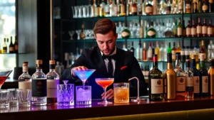 Professional bartender preparing cocktails behind upscale bar counter with premium spirits and glassware, focused expression, modern bar setting with ambient lighting