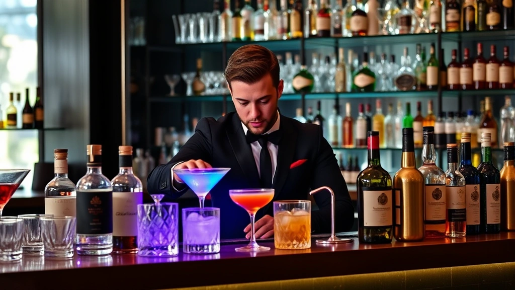 Professional bartender preparing cocktails behind upscale bar counter with premium spirits and glassware, focused expression, modern bar setting with ambient lighting