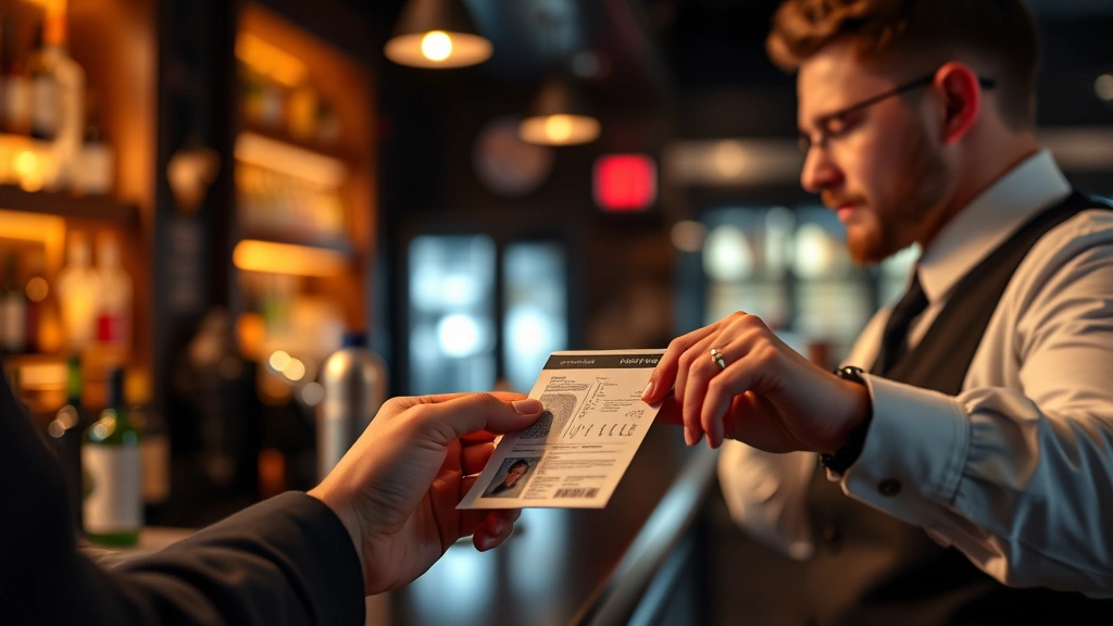 Close-up of bartender checking customer ID at bar entrance, professional setting, proper lighting on identification document, responsible service demonstration