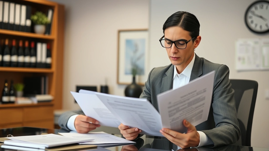 Legal professional reviewing alcohol licensing documents and compliance records in office, reviewing paperwork with serious focus, professional business attire