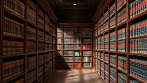 Professional law library with mahogany shelves filled with legal volumes and case reporters, soft natural lighting, prestigious academic setting, no text visible