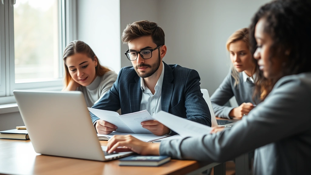 Young diverse law student studying at wooden desk with laptop and legal documents, concentrated expression, modern law school study room, natural window lighting