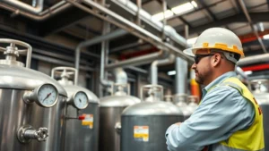 Professional safety engineer inspecting industrial gas storage equipment in a modern facility, wearing protective gear and examining pressure gauges on large metal containers, industrial warehouse setting with proper ventilation systems