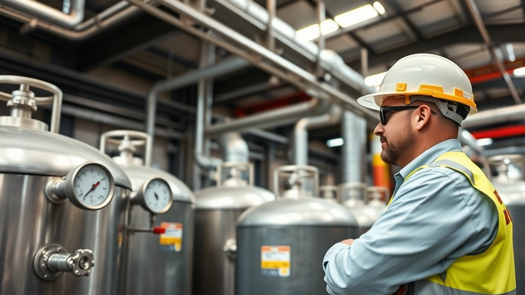 Professional safety engineer inspecting industrial gas storage equipment in a modern facility, wearing protective gear and examining pressure gauges on large metal containers, industrial warehouse setting with proper ventilation systems