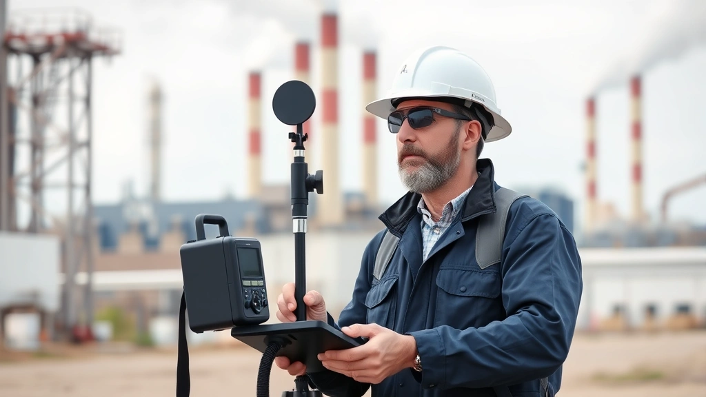 Environmental compliance officer testing air quality emissions near an industrial facility, using portable monitoring equipment, outdoor industrial area with smokestacks in background, professional documentation of environmental standards