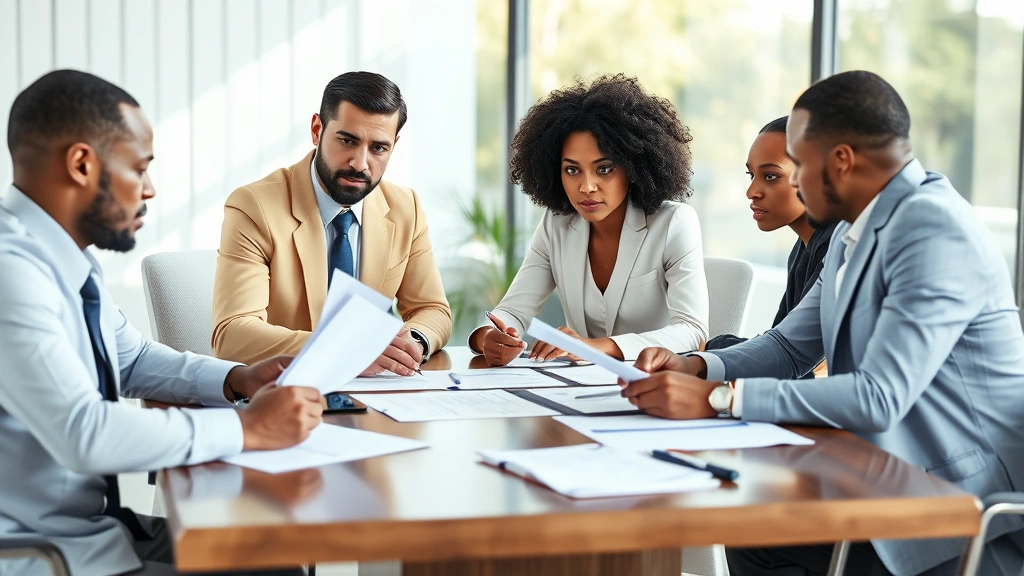 Professional business meeting with diverse executives reviewing contracts and documents at modern conference table, natural lighting, serious focused expressions