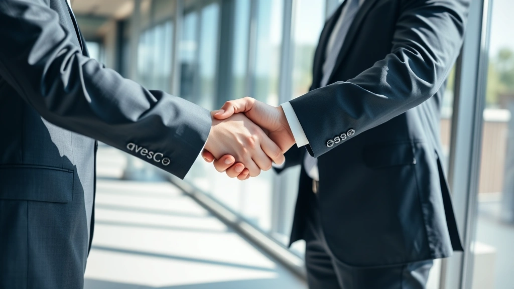 Close-up of business professionals shaking hands in modern office setting with glass walls, natural daylight, professional attire, genuine interaction