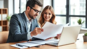 Professional couple reviewing documents at wooden desk with laptop, modern office setting, natural lighting, both dressed in business casual attire, focused expressions