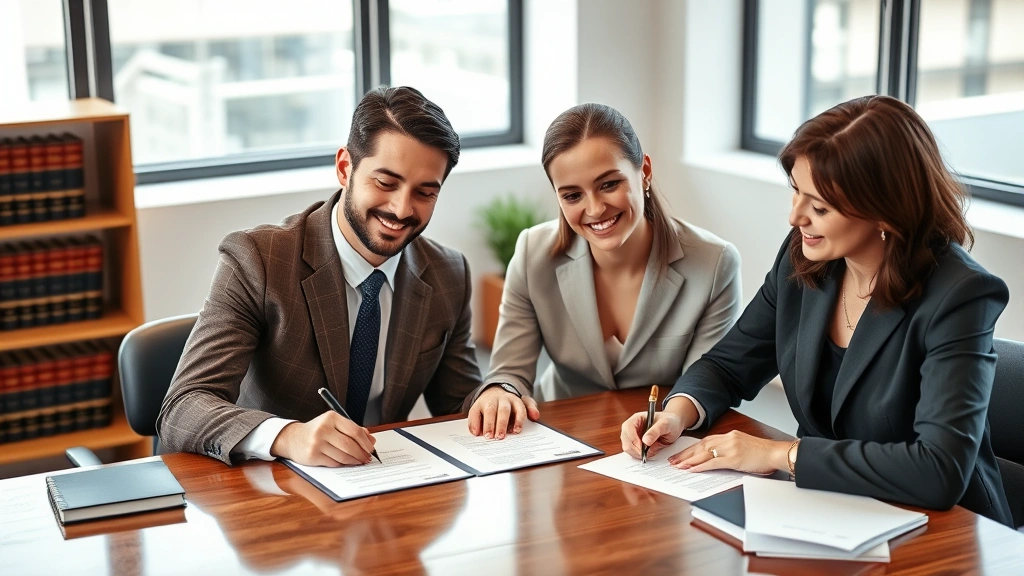 Professional couple signing documents at wooden desk with lawyer present, modern office setting with law books visible, natural lighting, both parties smiling and engaged