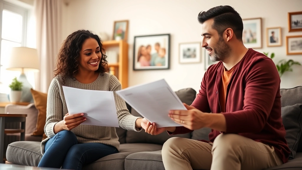 Diverse couple holding hands while reviewing financial documents at home, comfortable living room with family photos on walls, warm neutral tones, genuine emotional connection