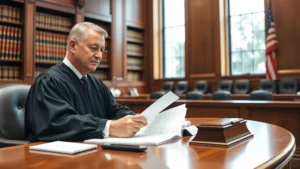 Professional judge in black robes reviewing legal documents at wooden desk in Florida courtroom, natural light from tall windows, law books on shelves behind
