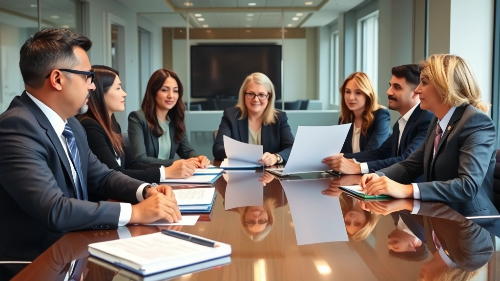Diverse group of attorneys in business attire discussing case file at polished conference table with Florida statute books and legal pads visible, modern office setting