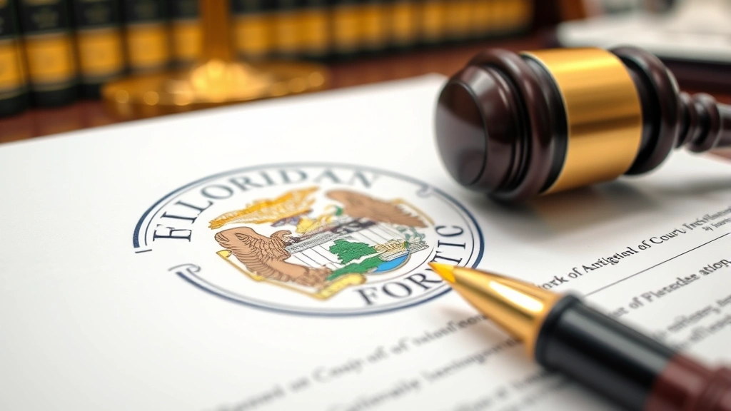 Close-up of Florida court seal on official legal document with gavel and fountain pen, professional legal office background slightly blurred