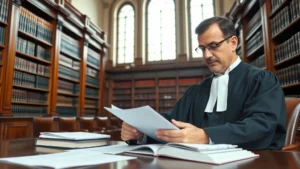 Professional judge in formal robes reviewing case documents and legal books in a traditional courtroom library with mahogany shelving and leather-bound volumes, natural lighting through tall windows