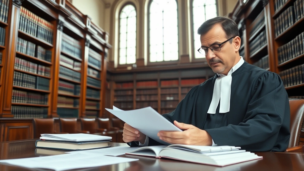 Professional judge in formal robes reviewing case documents and legal books in a traditional courtroom library with mahogany shelving and leather-bound volumes, natural lighting through tall windows