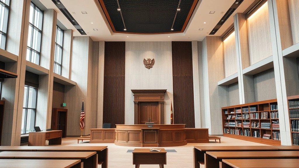Modern courthouse interior with both traditional common law elements like law books and contemporary civil law code references visible, professional legal environment with neutral tones