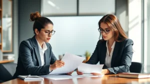 Professional couple reviewing legal documents at a desk in a modern law office, natural lighting, serious focused expressions, paperwork and pen visible
