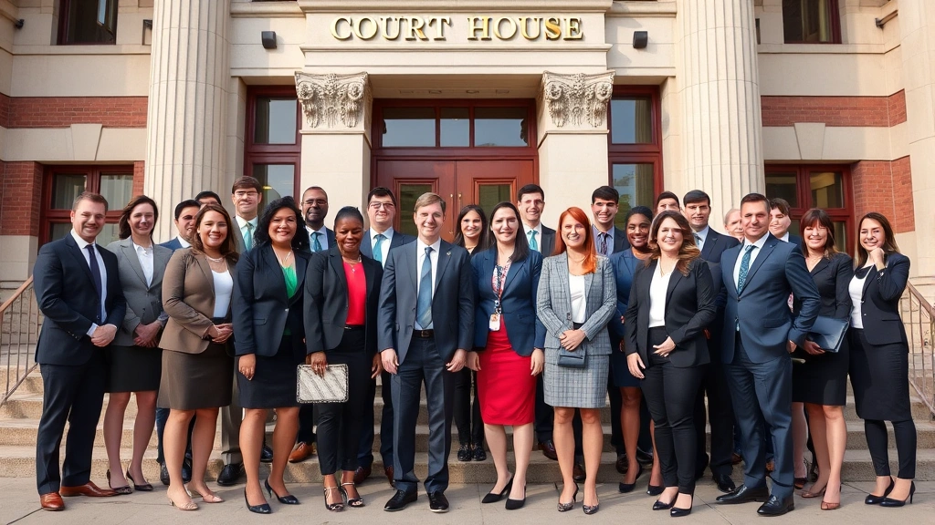 Diverse group of people in formal business attire at a courthouse building exterior, professional atmosphere, daylight, confident postures