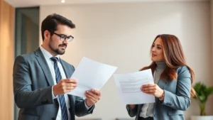 Professional male and female lawyers in business attire discussing legal documents in modern office with neutral background, no text visible on documents