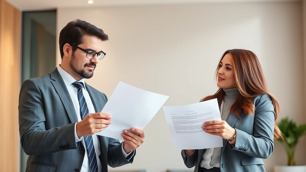 Professional male and female lawyers in business attire discussing legal documents in modern office with neutral background, no text visible on documents