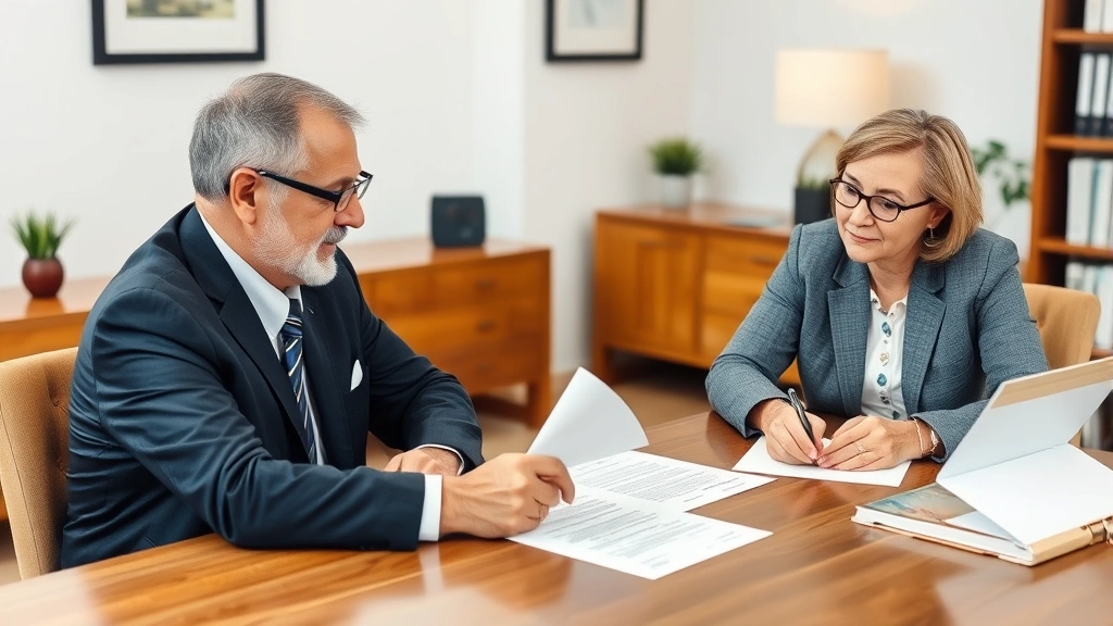 Middle-aged couple sitting at table with attorney reviewing paperwork and contracts, warm professional setting with wooden furniture