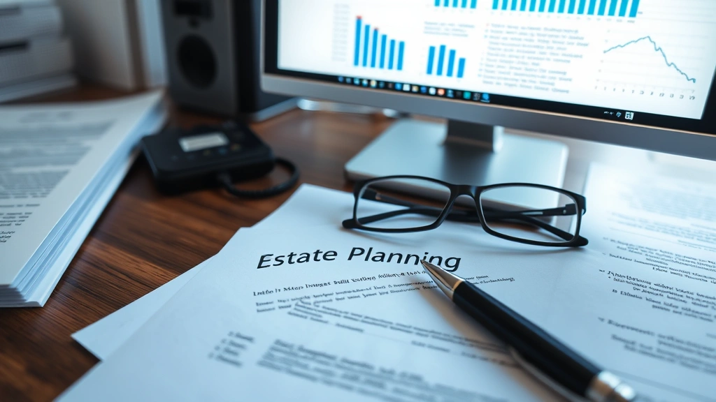 Organized desk with estate planning documents, pen, glasses, and computer showing legal information, close-up shot with soft lighting