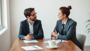 Professional couple in business casual attire having serious discussion at wooden table with documents and coffee, natural lighting from window, modern office setting, both looking thoughtful and engaged