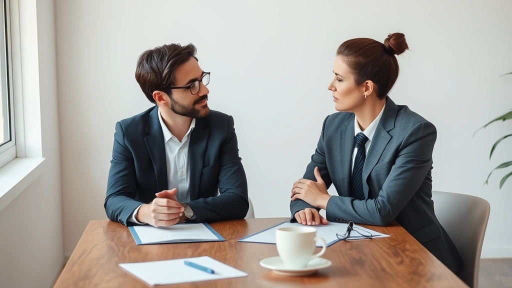 Professional couple in business casual attire having serious discussion at wooden table with documents and coffee, natural lighting from window, modern office setting, both looking thoughtful and engaged
