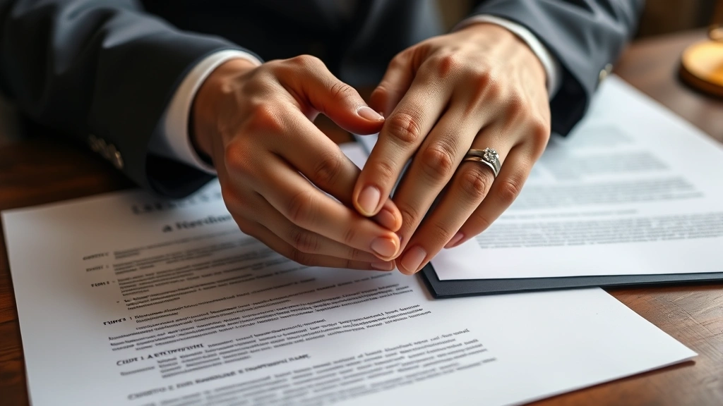 Close-up of hands exchanging or holding wedding rings over formal documents on mahogany desk, soft warm lighting, professional legal environment, subtle depth of field