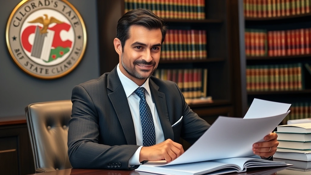 Diverse attorney in suit reviewing documents at desk with law books and Colorado state seal visible in background, professional office with bookshelves, natural confident expression