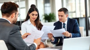 Professional couple reviewing legal documents with an attorney in a modern office setting, discussing marriage contracts and legal paperwork with serious, focused expressions