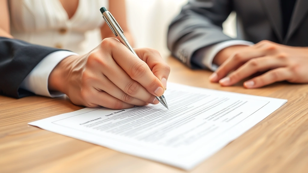 Close-up of a couple's hands signing official marriage license or legal documents on a desk with a pen, showing the formal process of legal marriage registration