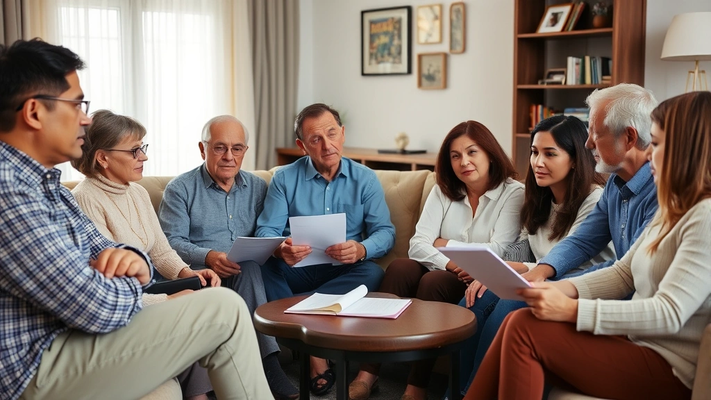 Diverse family members sitting together in a living room having a serious discussion about estate planning, wills, and family legal matters with concerned but thoughtful expressions