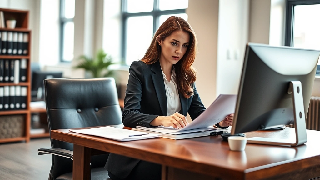 Professional female attorney in business suit reviewing legal documents at wooden desk in modern law office, natural lighting from windows, serious focused expression, computer monitor visible
