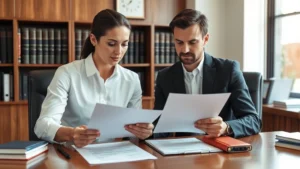 Professional couple reviewing documents at desk in law office, serious expression, natural lighting, showing marriage paperwork and legal documents