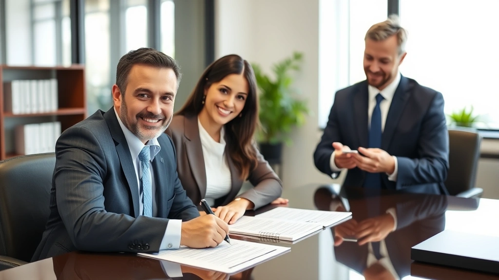 Diverse couple signing legal papers with attorney present in background, formal office setting, focus on hands and documents, professional atmosphere