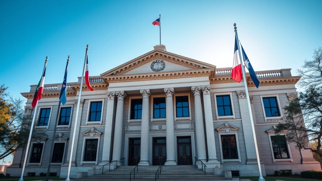 Texas courthouse exterior with flags, classical architecture, morning light, professional legal building establishing authority and legitimacy