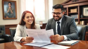 Professional couple reviewing marriage license documents at probate court office, natural lighting, both smiling, paperwork visible on wooden desk, formal business casual attire
